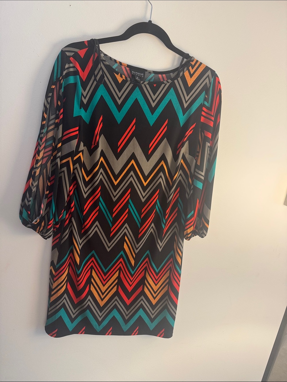 Women’s Chevron Print Black Dress with Teal & Red Accents